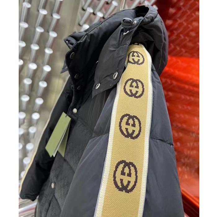 Gucci Women GG Black Jacquard Nylon Padded Coat Camel Brown Interlocking G Stripe Down Goose Feather