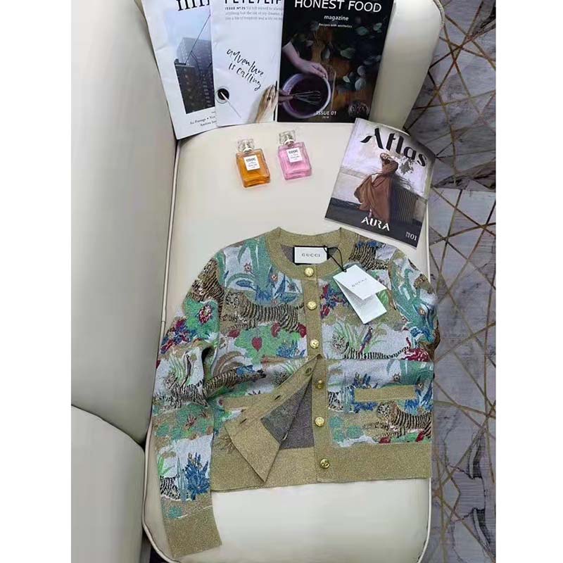 Gucci Men GG Tiger Jacquard Cardigan Gold Green Tiger Flower Extra Fine Lurex Crewneck