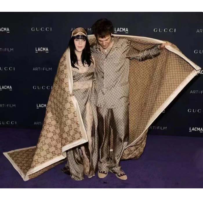 Gucci Women GG Supreme Silk Pant Beige Ebony Piped Unlined Elastic Waist Two Side Pockets Wide Leg