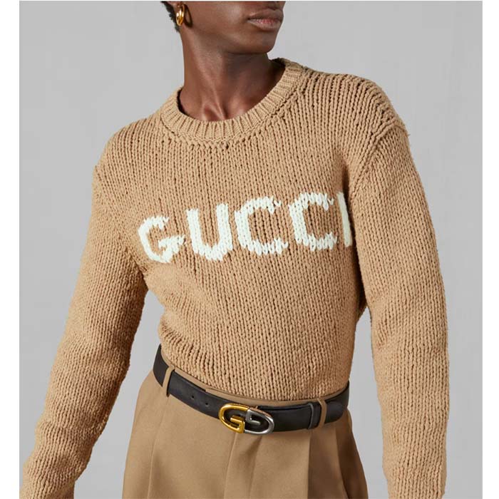 Gucci Men GG Wool Top Gucci Intarsia Camel Wool Crewneck Dropped Shoulder Long Sleeves Rib