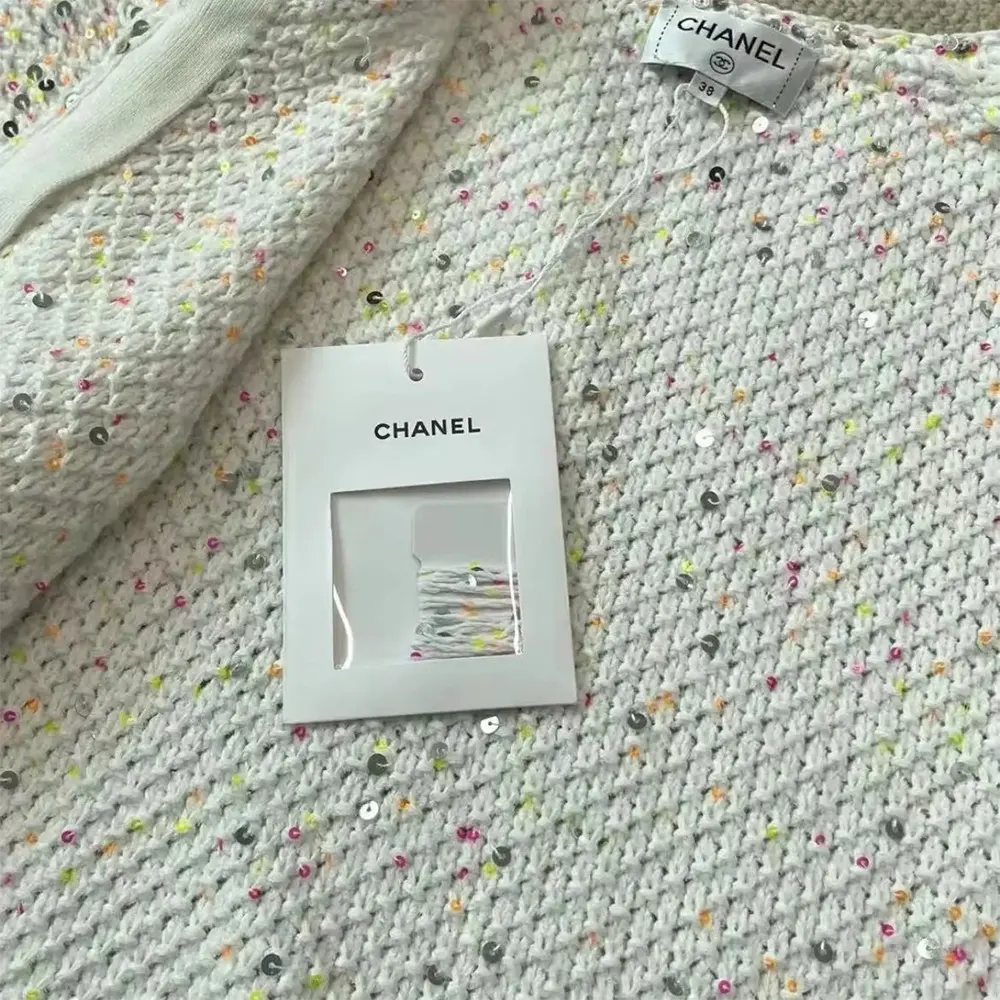 Chanel Women CC Coat Embroidered Cotton Wool Tweed Pink White