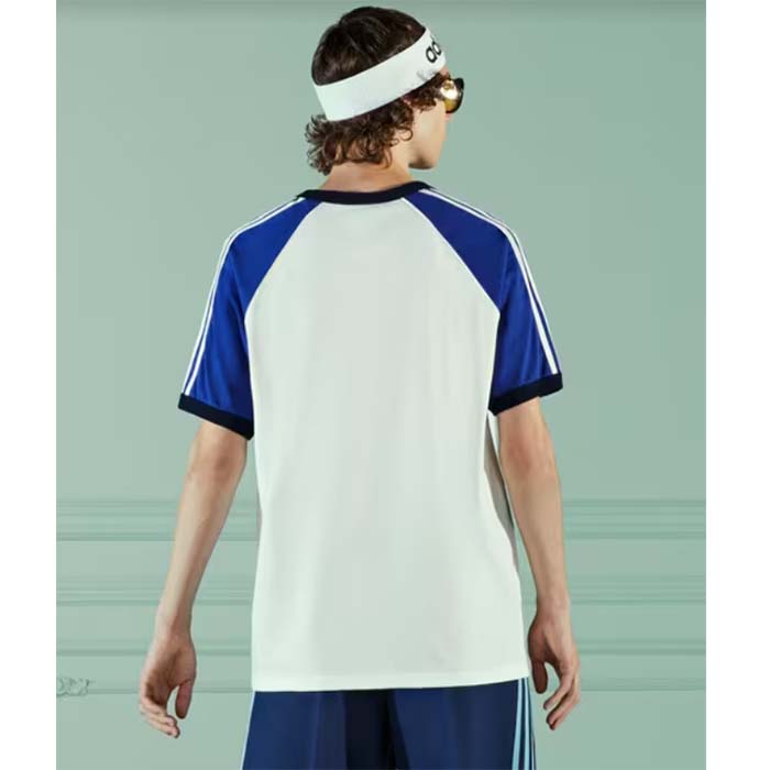 Gucci Men GG Adidas x Gucci Cotton Jersey T-Shirt Ivory Blue Trefoil Print Raglan Sleeves Crewneck
