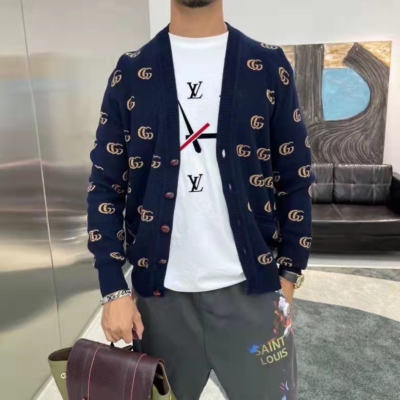 Gucci Men GG Knit Cashmere Jacquard Cardigan Blue Beige Long Sleeves V-Neck