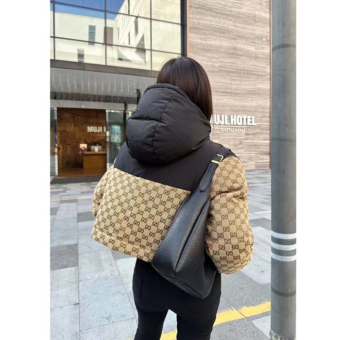 Gucci Women GG Canvas Bomber Jacket Camel Ebony Black Trim Lined Dropped Shoulder Padded