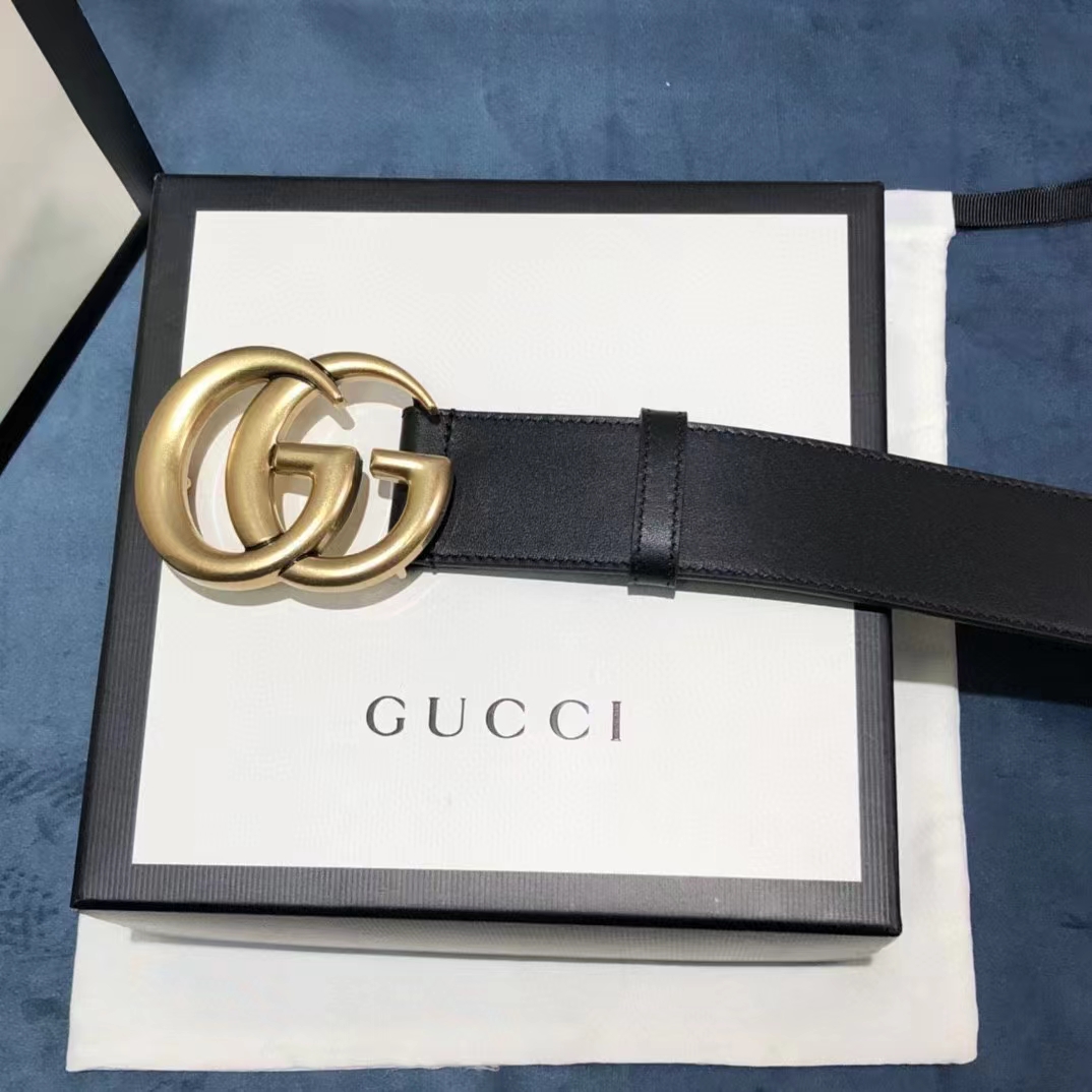 Gucci Unisex GG 2015 Re-Edition Wide Leather Belt Black Smooth Leather 3.8 CM Belt Width