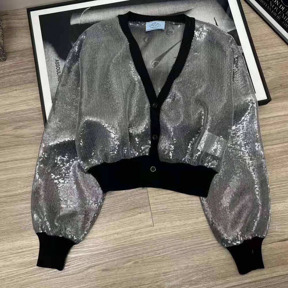 Prada Women Sequin-Embroidered Tulle Crop Top-Black