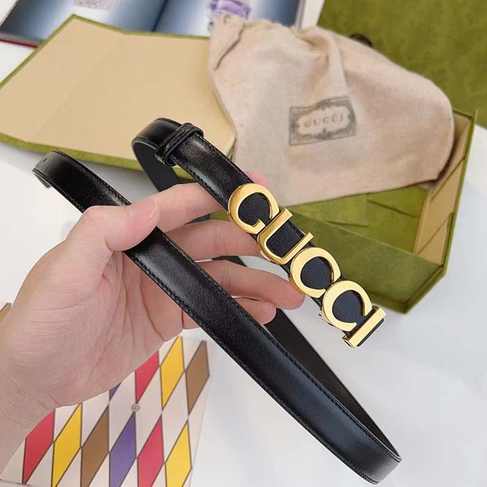 Gucci Unisex Buckle Thin Belt Black Leather Gold-Toned Hardware 2 CM Width