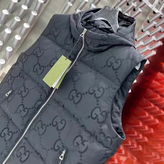 Gucci Women Jumbo GG Canvas Vest Padding Front Pockets Zip Closure Hood Zip Pocket