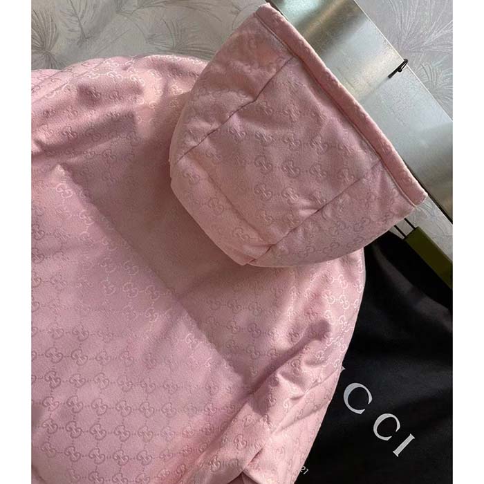 Gucci Women GG Cotton Canvas Puffer Jacket Light Pink GG Lined Interlocking G Two Front Pockets