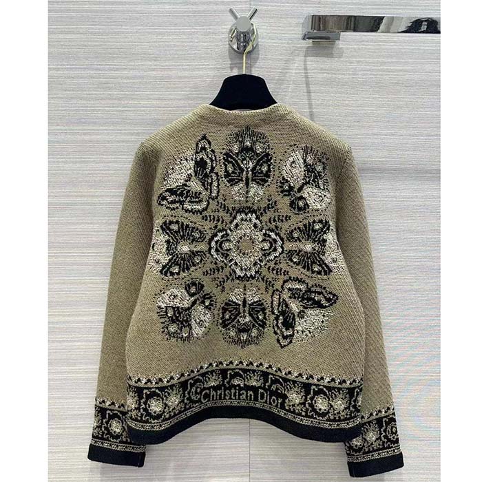 Dior Women CD Cardigan Beige Black Virgin Wool Cotton Jacquard Butterfly Bandana Motif