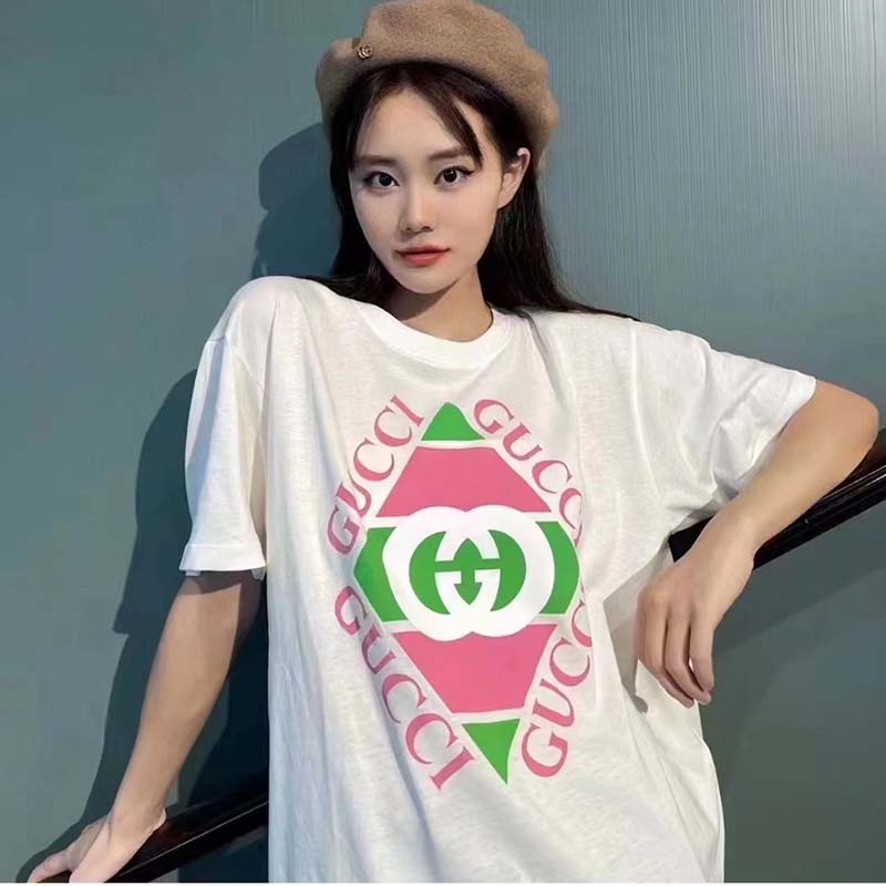Gucci GG Women Vintage Logo Print T-Shirt Off White Cotton Jersey Crewneck Short Sleeves