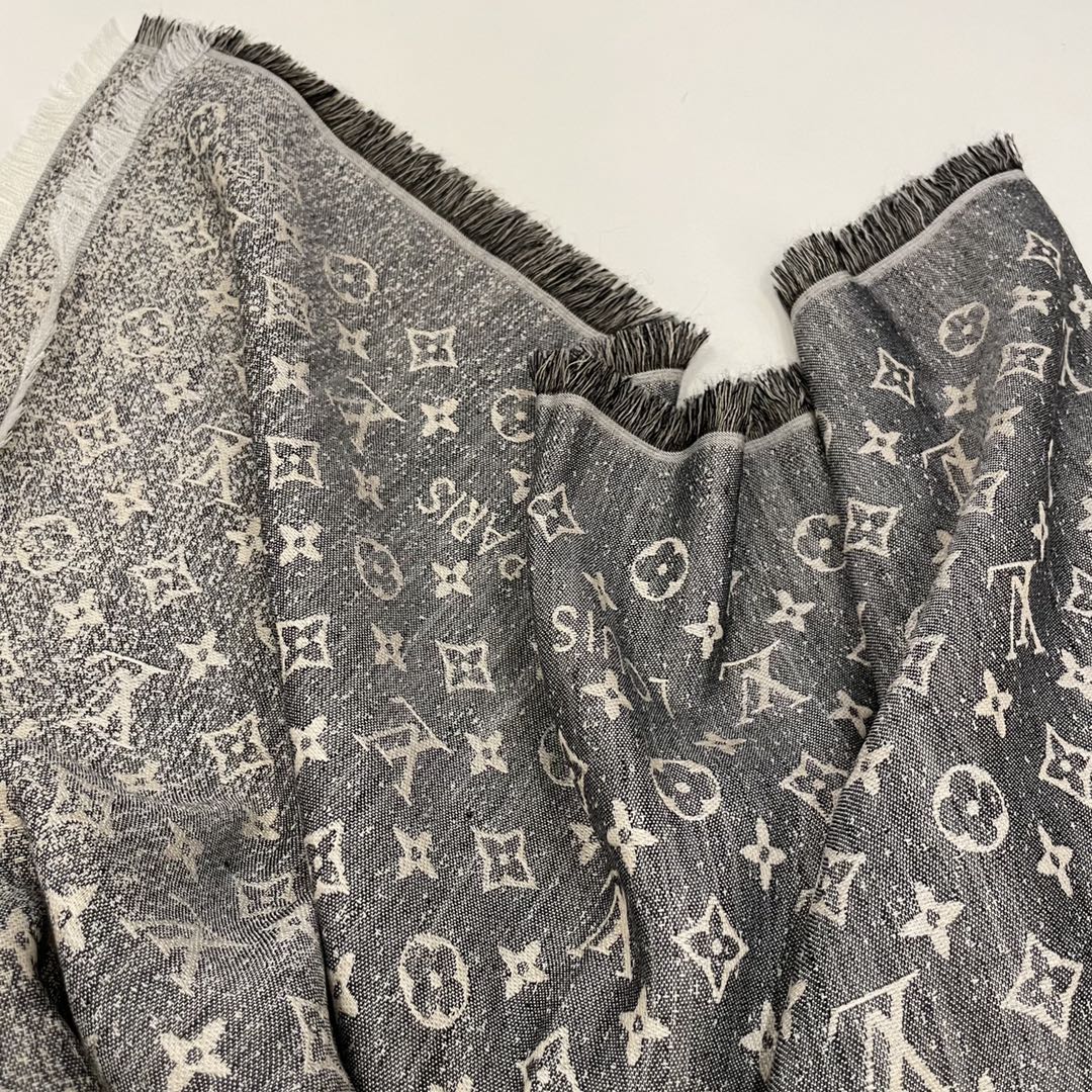 Louis Vuitton LV Unisex Monogram Jacquard Denim Shawl Gray Cotton Wool Silk