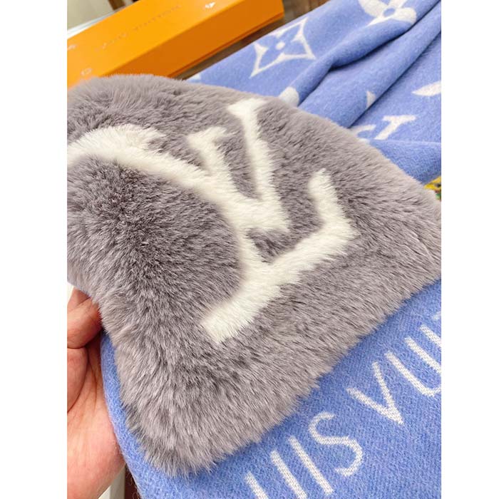 Louis Vuitton LV Unisex Cold Reykjavik Scarf Denim Blue Allover Monogram Flowers Cashmere