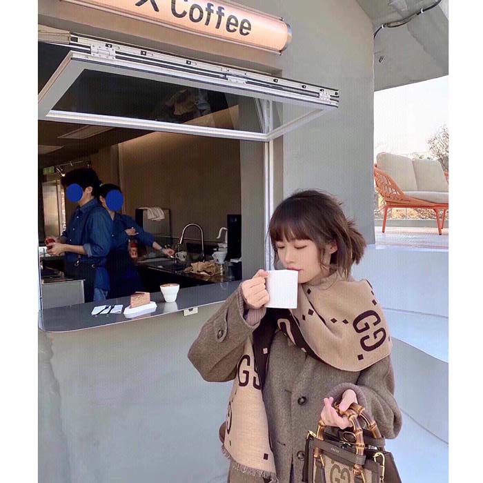 Gucci Unisex GG Jacquard Wool Silk Scarf Brown Beige GG Jacquard Wool Silk