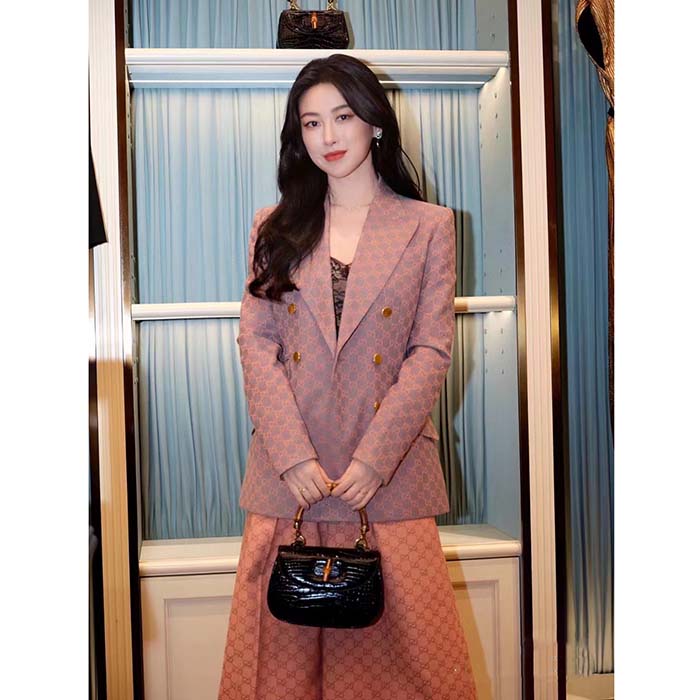 Gucci Women GG Cotton Canvas Pant Light Pink Brown Unlined Fitted Waistband Two Back Pockets