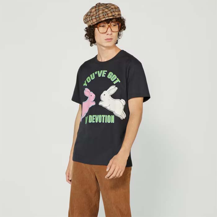 Gucci Men GG HA HA HA Bunny T-Shirt Black Medium Cotton Jersey Crewneck