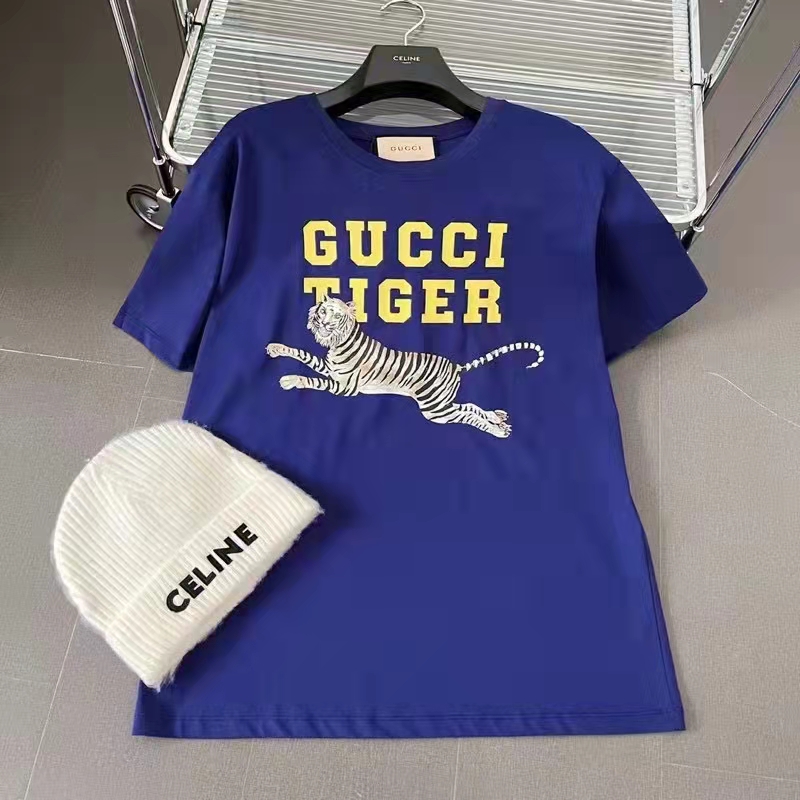 Gucci GG Women Gucci Tiger Cotton T-Shirt Blue Cotton Jersey Crewneck