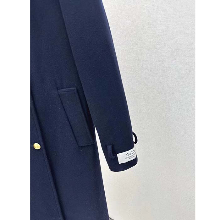 Gucci Women GG Felt Wool Coat Dark Navy Metal Buttons Gucci Cities Label Fully Lined