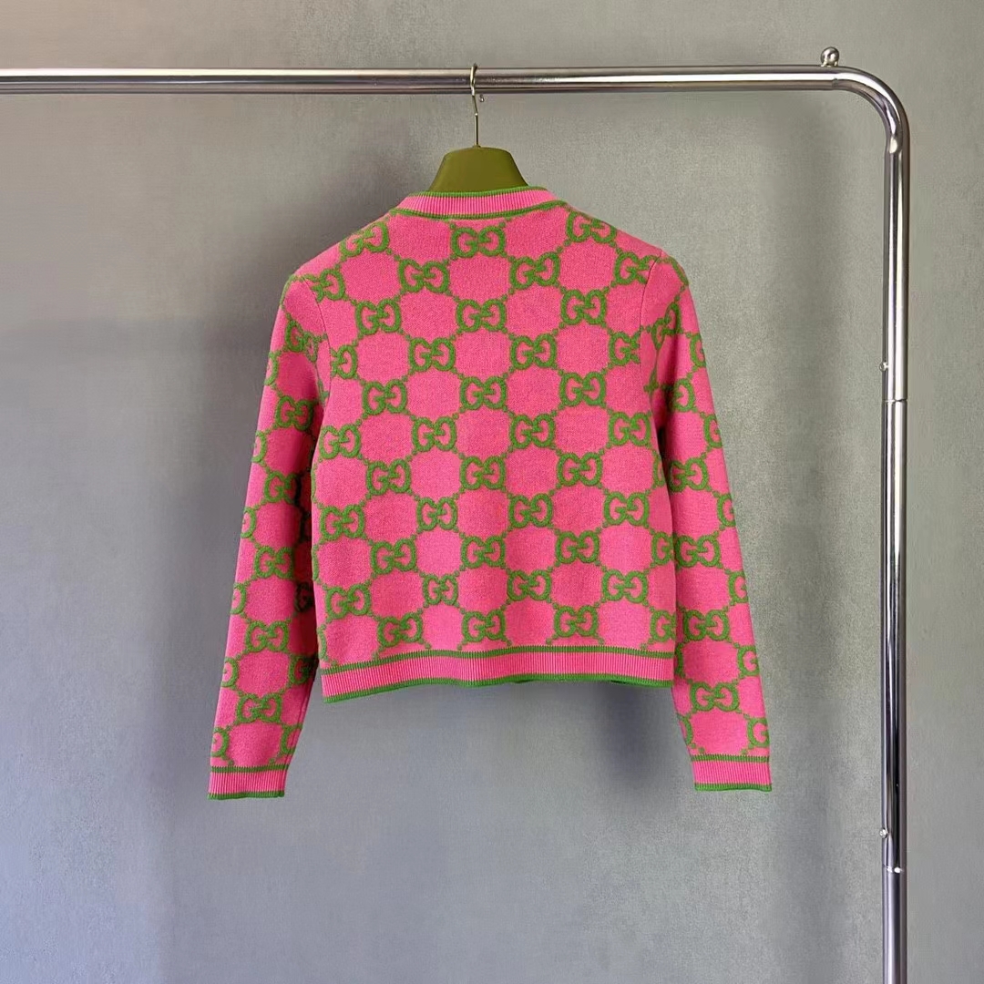 Gucci Women Cotton Silk Blend Cardigan Fuchsia Green Jacquard Crewneck Long Sleeves