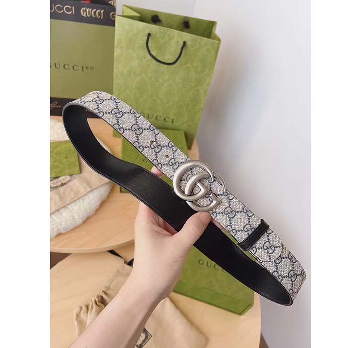 Gucci Unisex GG Marmont Reversible Belt Beige Blue GG Supreme Canvas Double G Buckle