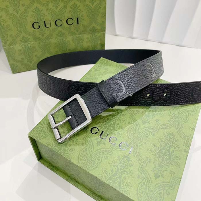 Gucci Unisex GG Rubber-Effect Leather Black Square Buckle 3.3 CM Width