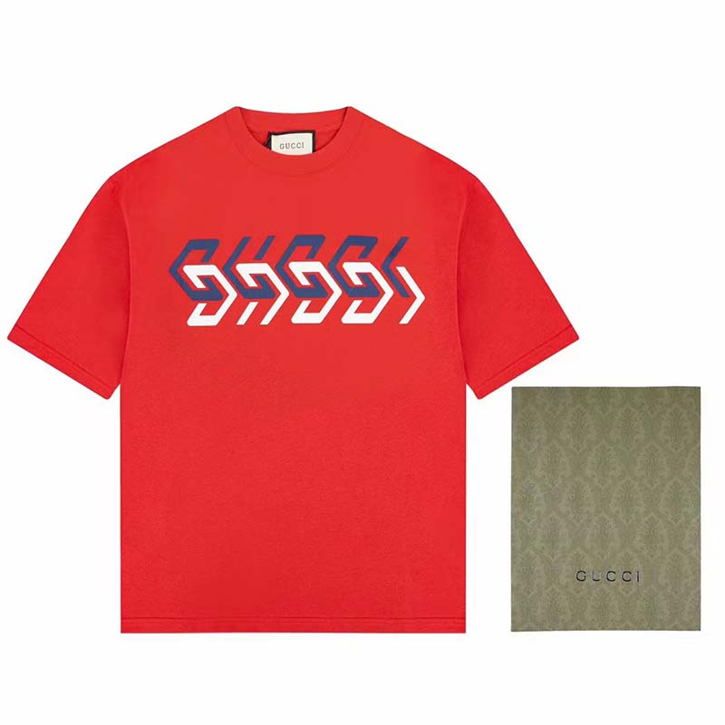 Gucci GG Men Cotton Jersey T-Shirt Red Gucci Mirror Print Crewneck Oversize Fit