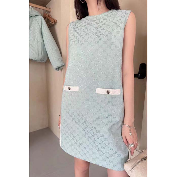 Gucci Women Reversible GG Canvas Dress Pale Blue Unlined Crewneck Sleeveless Two Front Pockets