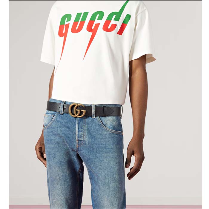 Gucci Unisex GG Wide Leather Belt Double G Buckle 3.8 CM Width Black Metal-Free Tanned