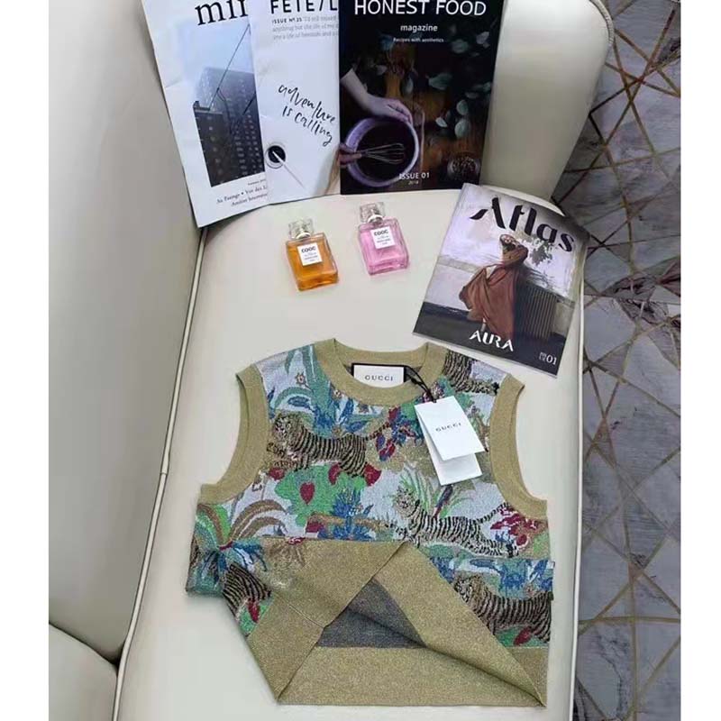 Gucci Women GG Tiger Jacquard Vest Gold Green Tiger Flower Extra Fine Lurex Crewneck