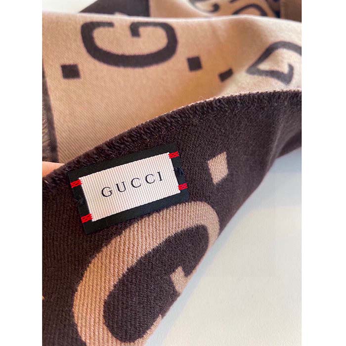 Gucci Unisex GG Jacquard Wool Silk Scarf Brown Beige GG Jacquard Wool Silk