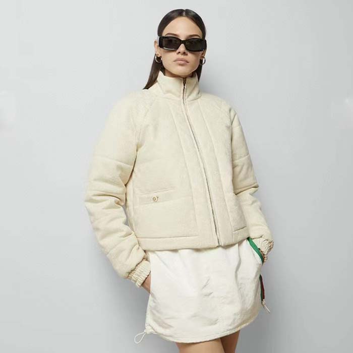 Gucci Women GG Canvas Bomber Jacket Cream Self-Covered Buttons Interlocking G Lined High Neck