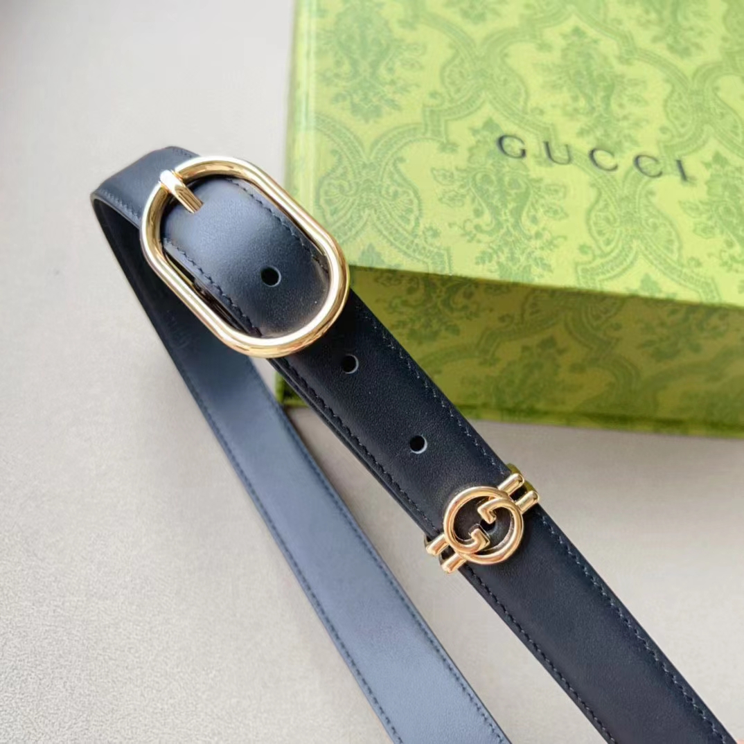 Gucci Unisex GG Belt Round Interlocking G Black Leather Oval Buckle 2.3 CM Width