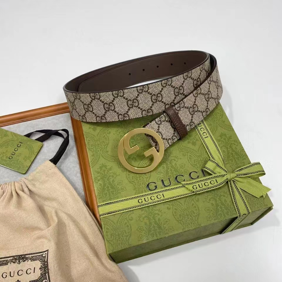 Gucci Unisex GG Blondie Belt Round Interlocking G Buckle Ebony Beige Supreme Canvas