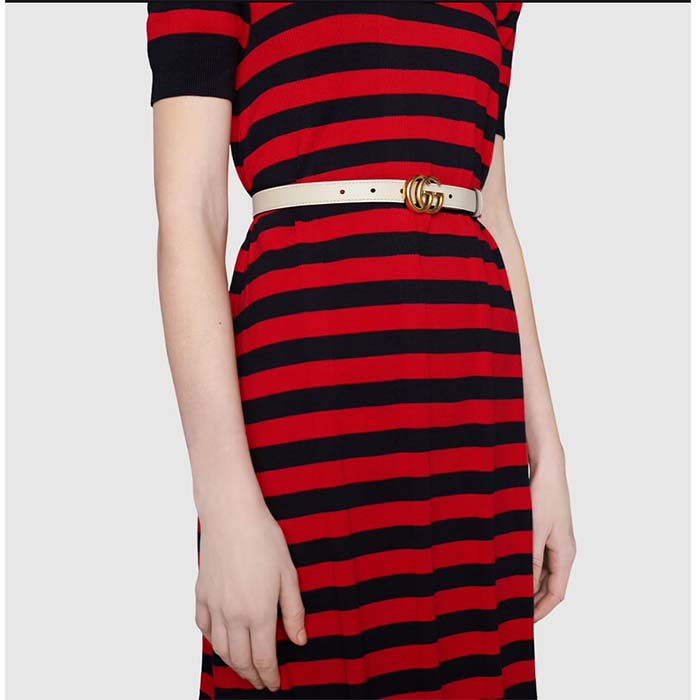 Gucci Unisex Marmont Reversible Thin Belt Black Leather Double G Buckle