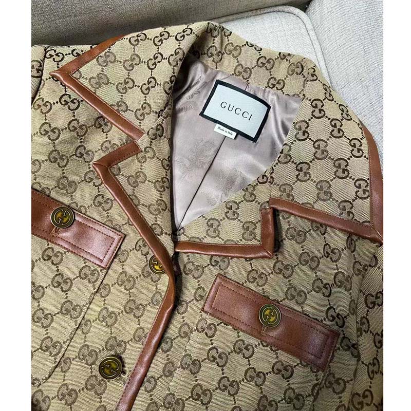 Gucci Women GG Canvas Jacket Web Belt Cotton Camel Ebony Point Collar