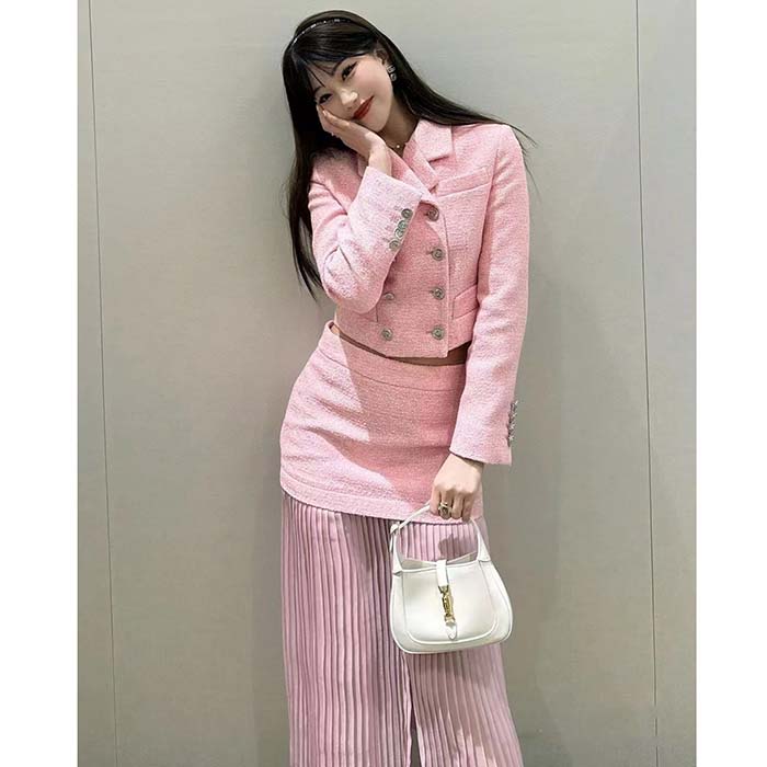 Gucci Women GG Cropped Tweed Jacket Sequins Pink Lined Square Notch Collar Style ‎771480 ZAPKK 5901