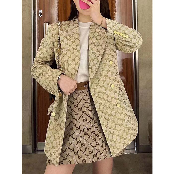 Gucci Women GG Canvas Skirt Camel Ebony Brown Leather Unlined Fitted Waistband Belt Loops