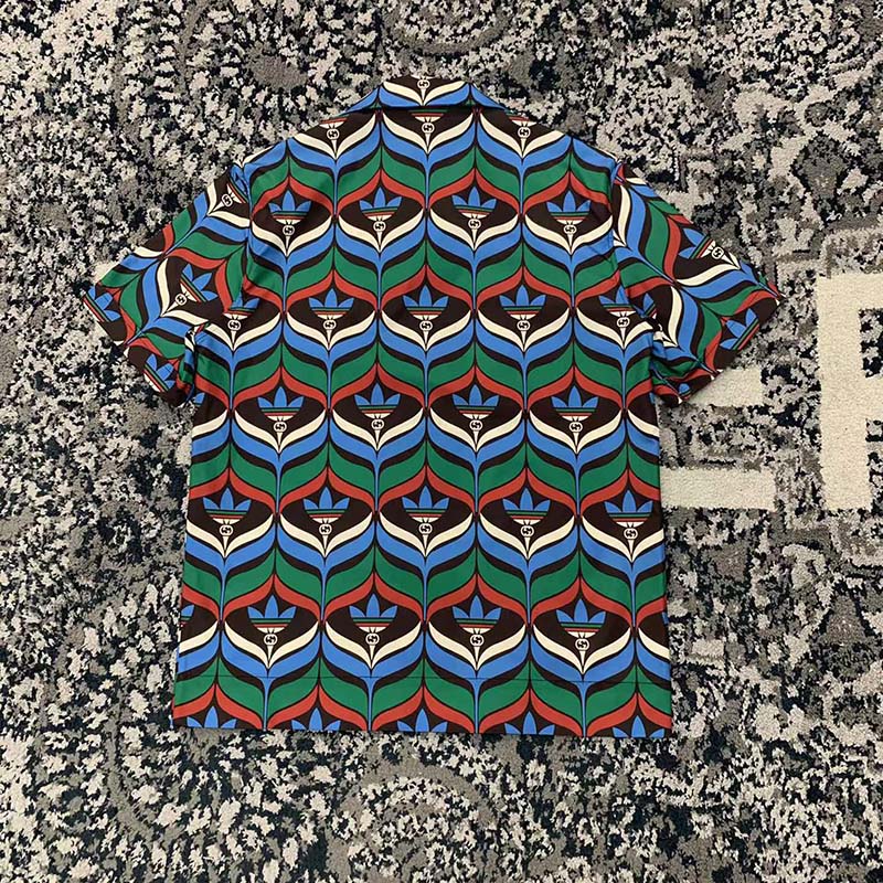 Gucci GG Women Adidas x Gucci Trefoil Print Bowling Shirt Straight Hem Side Vents Viscose