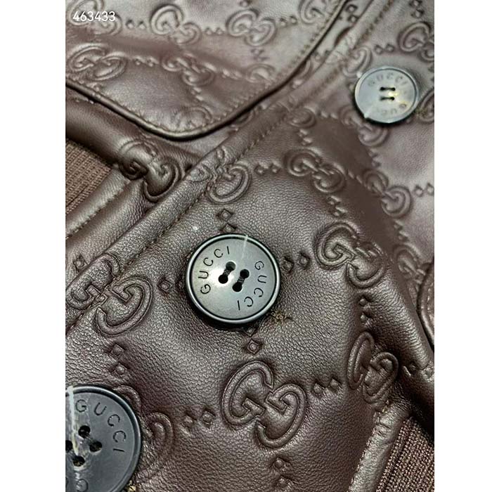 Gucci Women GG Leather Bomber Jacket Brown Lambskin Front Patch Pockets