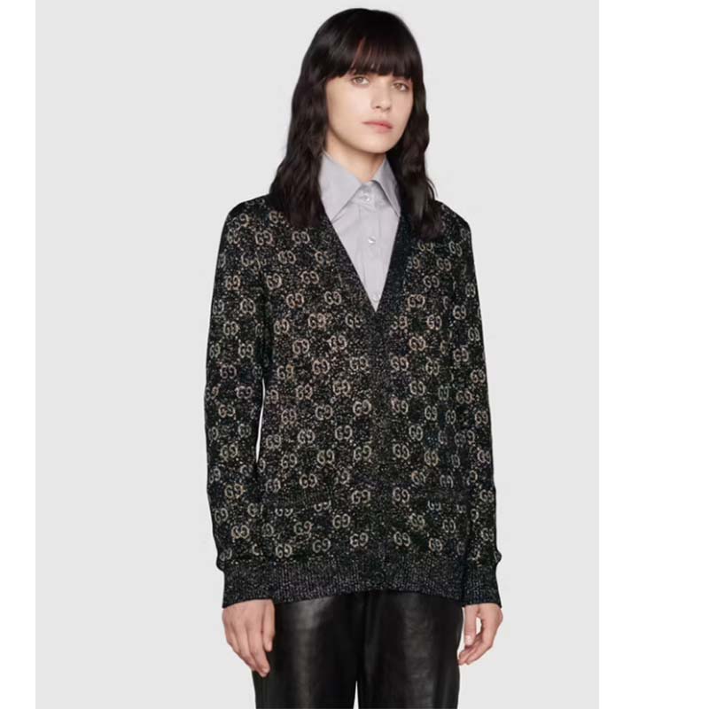 Gucci Women Lamé GG Jacquard Cardigan Black Beige Fine Cotton