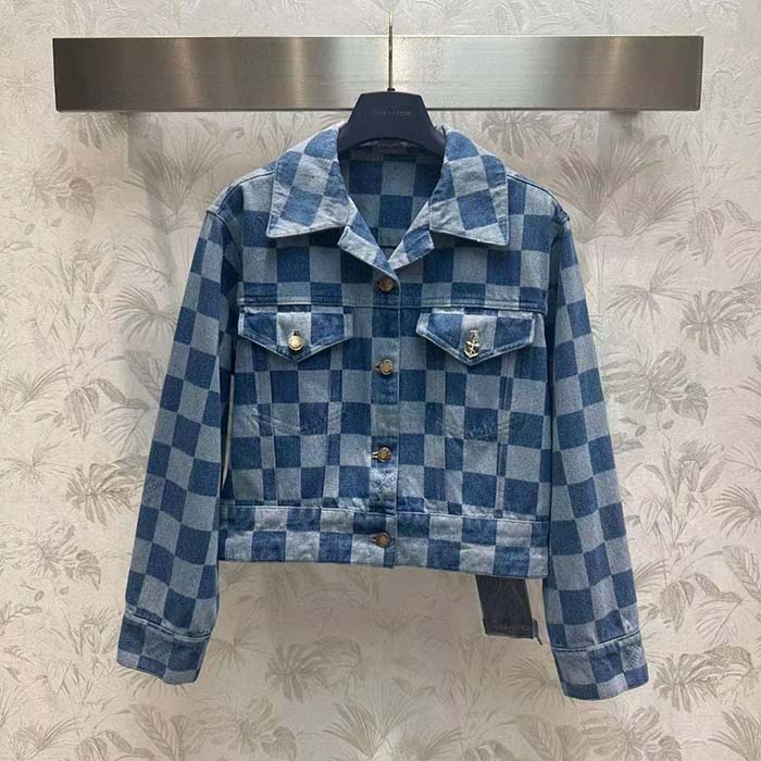Louis Vuitton Women LV Damier Denim Jacket Cotton Blue Regular Fit 1AFGDH