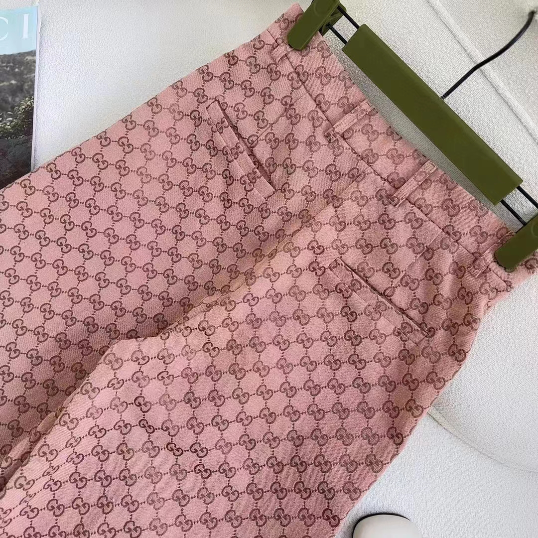 Gucci Women GG Cotton Canvas Pant Light Pink Brown Unlined Fitted Waistband Two Back Pockets