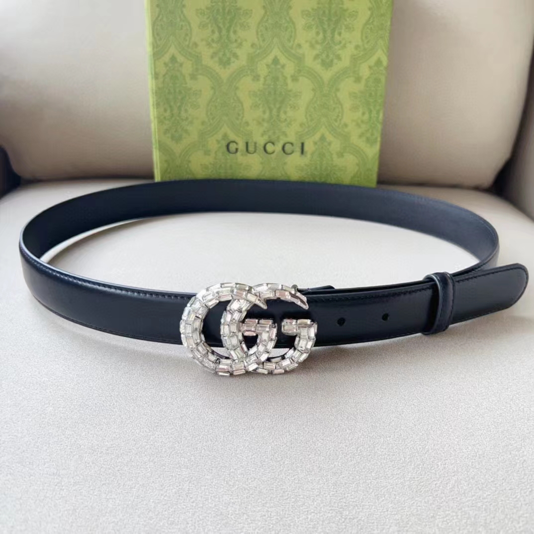 Gucci Unisex GG Marmont Thin Belt Crystals Black Leather Double G Buckle 3 CM Width