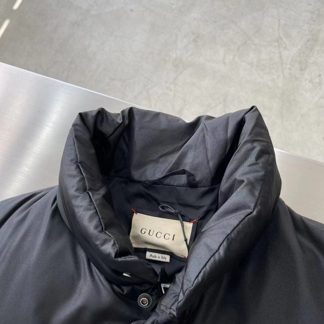 Gucci Women GG Water Repellant Down Jacket Black Water Nylon Satin Zip Front Zip Pockets