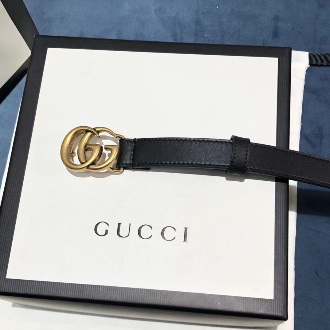 Gucci Unisex GG Leather Belt Double G Buckle Black Leather 2 CM Width