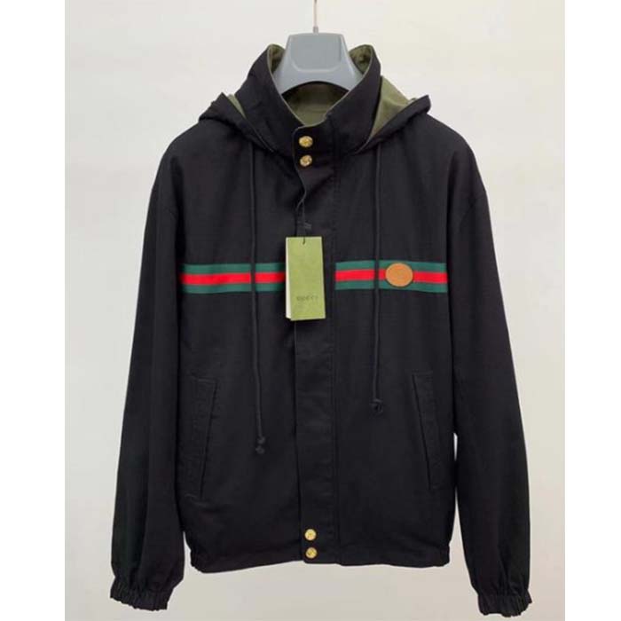 Gucci GG Men Cotton Jersey Sweatshirt Web Black Hooded Fixed Hood Drawstring Jacket
