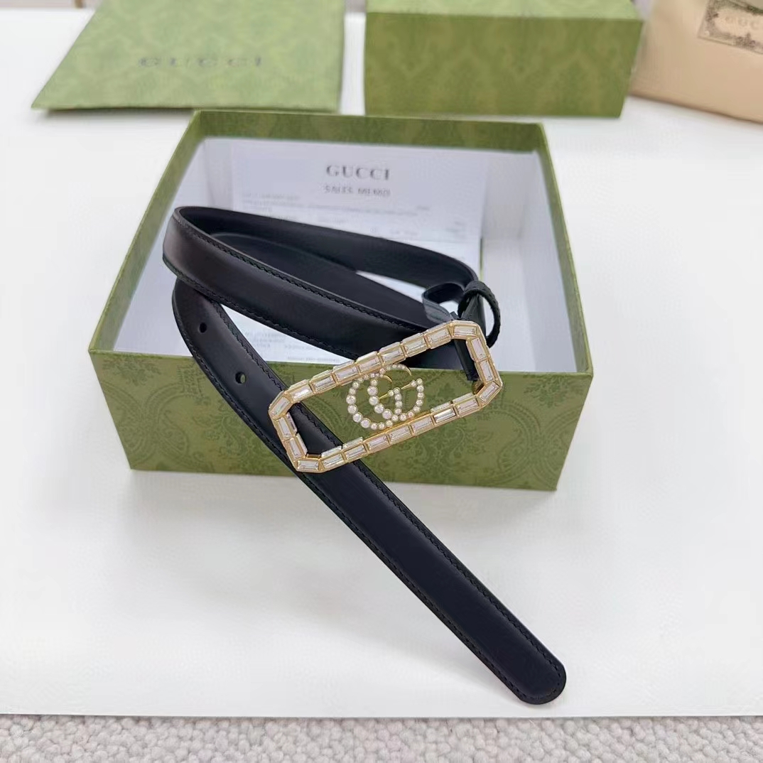 Gucci Unisex GG Thin Belt Crystal Double G Buckle Black Leather 2 CM Width