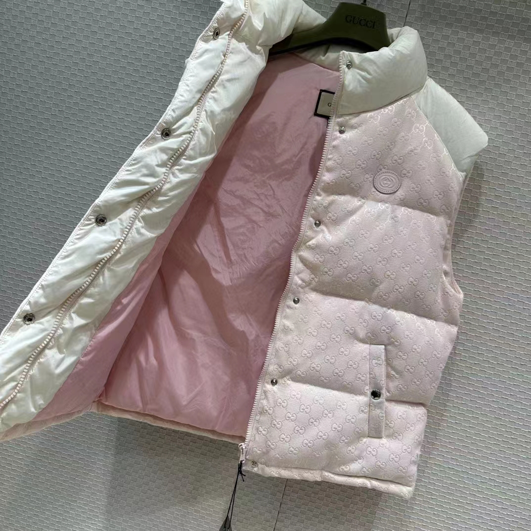 Gucci Women GG Cotton Canvas Padded Vest Pink Lined High Neck Sleeveless Two Side Pockets