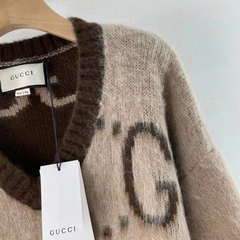 Gucci Women GG Mohair Wool V-Neck Sweater Beige Brown