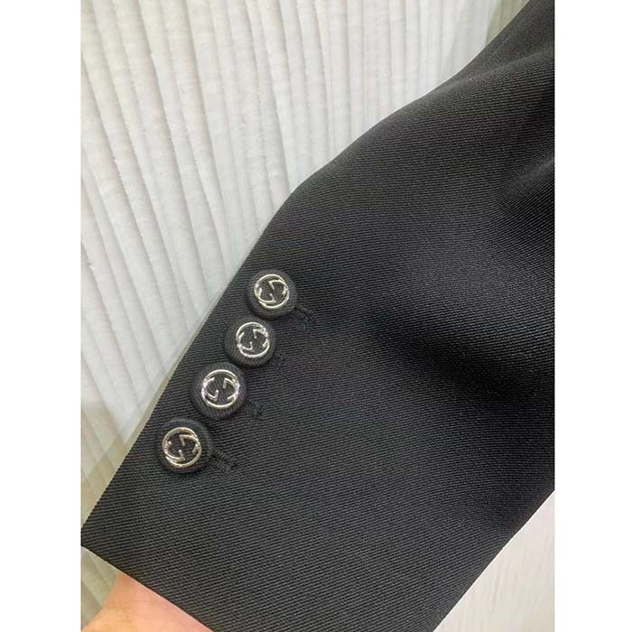 Gucci Women GG Fine Wool Crêpe Jacket Black Satin Unlined Notch Lapel Three Front Pockets